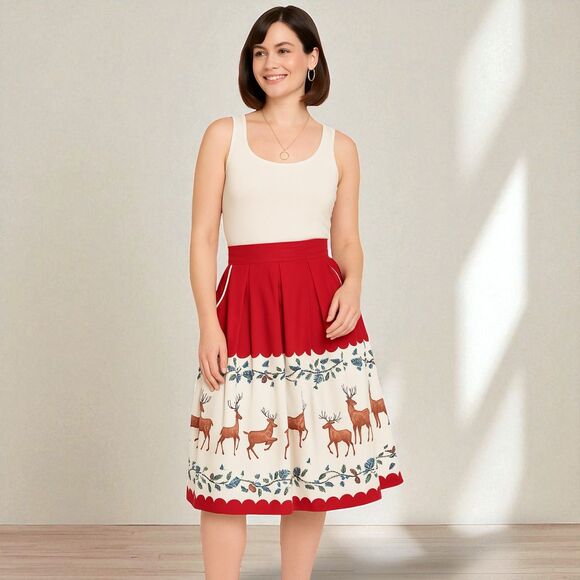 Lindy Bop NWT Reindeer Print Box Pleat Skirt with Pockets - Size 14 - Picture 1 of 11